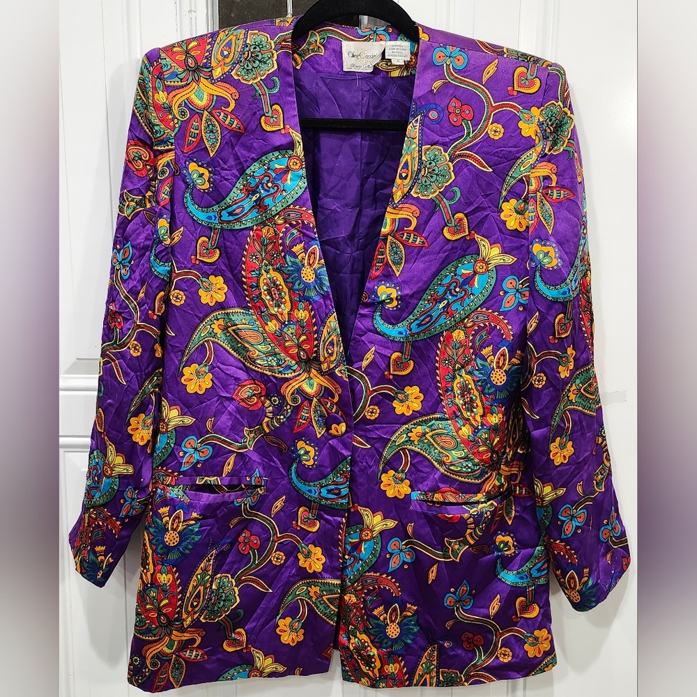 Vintage Oleg Cassini purple paisley 100% silk women's blazer size 4